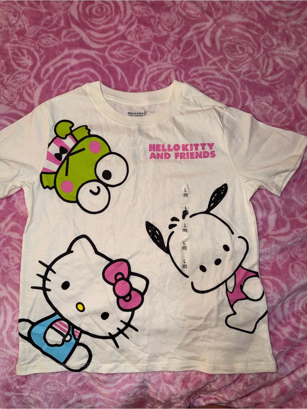 Hello Kitty White Graphic Tee with Pink, Green & Blue Accents - L 10/12